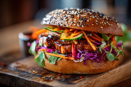 A grilled chicken sandwich features vibrant toppings like purple cabbage and fresh greens, served on a rustic wooden board in a bright outdoor environment.の素材