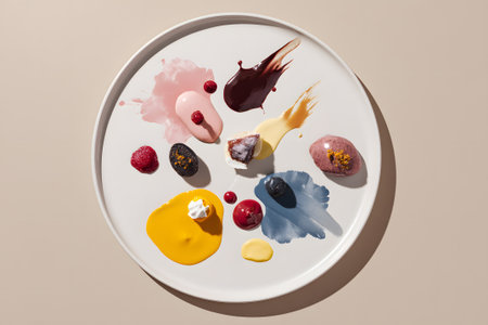 A beautifully arranged dessert features vibrant colors and different textures on a white plate. Splatters of sauce surround delicate pastries, creating an inviting presentation.の素材