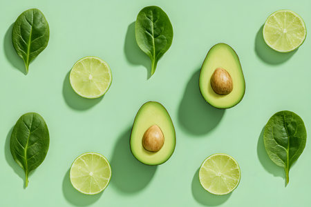 Bright green avocado halves sit on a vibrant green background, surrounded by slices of lime and fresh spinach leaves, showing healthy ingredients ready for a meal.の素材
