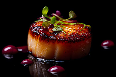 A beautifully seared scallop rests on a dark plate, adorned with fresh herbs and sauce. This dish highlights the creativity of gourmet cooking in a fine dining setting.の素材