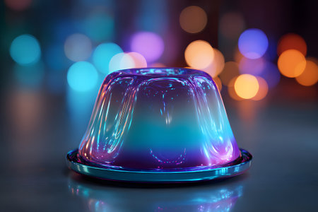 A vibrant gelatin dessert sits on a plate, showing a blend of purple and blue colors. Soft lights create a bokeh effect, adding to its appealing, glossy appearance.の素材
