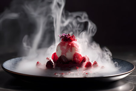 A creative dessert featuring a base of cheesecake topped with an assortment of fresh berries and mint. The dish emits a smoky effect, enhancing its visual appeal.の素材