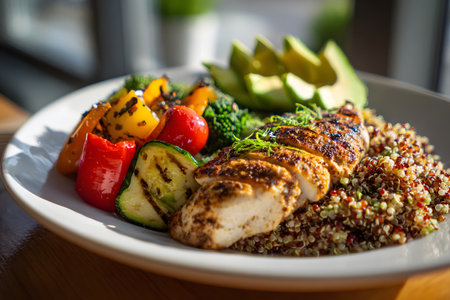 Grilled chicken breast is served with a side of quinoa, zucchini, peppers, and avocado. The meal is nutritious and colorful, perfect for a balanced diet.の素材