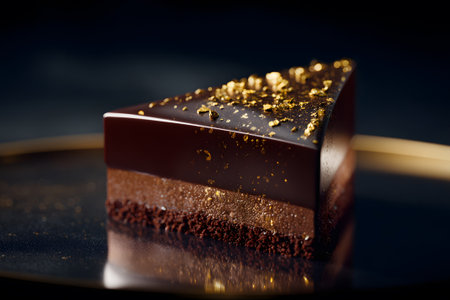 A dark chocolate treat is elegantly presented, topped with edible gold. The shiny surface reflects light, enhancing the sophisticated look of this decadent dessert.の素材