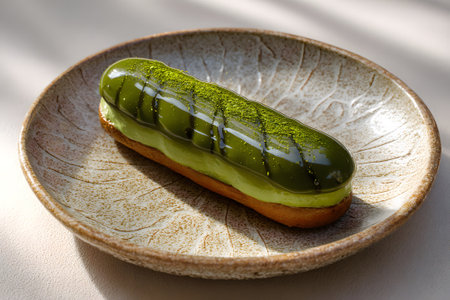 A beautifully crafted green matcha eclair sits on a simple plate. It features layers of vibrant green frosting and a smooth texture, illuminated by soft afternoon light.の素材