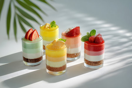 Delicious mini dessert cups filled with various layers of flavors and garnished with fruits are displayed on a bright table in a cozy cafe. The natural light enhances their colorful presentation.の素材