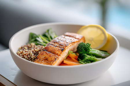 A plate features grilled salmon alongside colorful steamed vegetables and quinoa. The dish is garnished with slices of lemon, creating a vibrant and healthy meal option.の素材