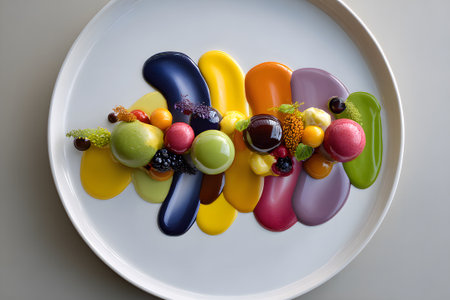 A beautifully arranged dessert features vibrant colors and different textures on a white plate. Splatters of sauce surround delicate pastries, creating an inviting presentation.の素材