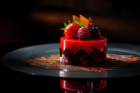 A vibrant dessert featuring a glossy red layer, topped with strawberries, raspberries, and blackberries, elegantly presented on a sleek black plate in a restaurant setting.の素材