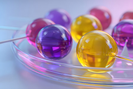 Vibrant fruit popsicles sit on a glass plate, showing hues of purple, yellow, and pink. The setup features a bright pastel background, creating a cheerful atmosphere.の素材
