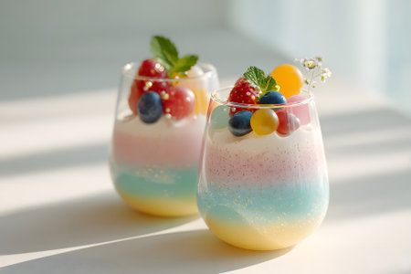 Delicious mini dessert cups filled with various layers of flavors and garnished with fruits are displayed on a bright table in a cozy cafe. The natural light enhances their colorful presentation.の素材