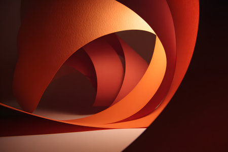 Colorful spirals of paper create an artistic display in warm shades of orange and redの素材