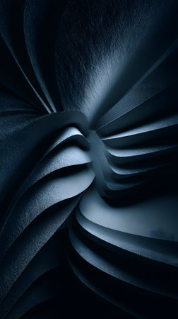 Detailed folds of layered dark paper create an intriguing abstract pattern in dramatic lightingの素材