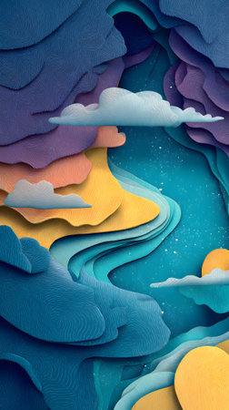 Colorful paper landscape with swirling clouds and vibrant shapes at sunsetの素材