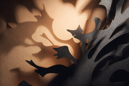 Intricate shadows from layered paper cuttings create an artistic display of nature's forms and texturesの素材