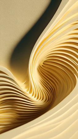 Abstract wave pattern made from paper creating dynamic and flowing shapes in soft yellows with shadowsの素材