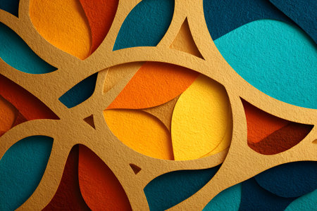 Colorful abstract design made of layered paper in blue, orange, and yellow shadesの素材