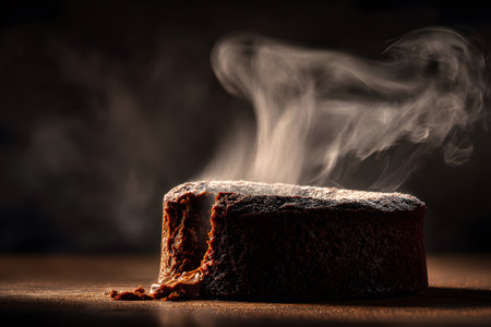 A freshly baked chocolate cake sits on a wooden plate, with steam rising from its surface. The warm dessert is rich in color and texture, creating an inviting atmosphere.の素材