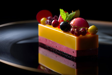 A vibrant dessert featuring a glossy red layer, topped with strawberries, raspberries, and blackberries, elegantly presented on a sleek black plate in a restaurant setting.の素材
