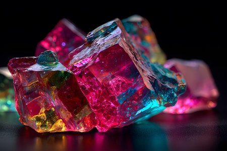 Bright colored crystals catch the light with hues of red, blue, and yellow. Their sparkling surfaces create a mesmerizing display highlighting their natural beauty and shine.の素材