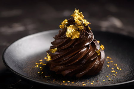 A rich chocolate cake sits elegantly on a black plate, its glossy surface topped with gold flakes and chocolate shards. The setting highlights the dessert's luxurious appeal.の素材