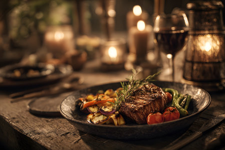 A beautifully plated grilled steak serves as the centerpiece of a cozy dinner table, surrounded by vegetables and soft candlelight, creating a warm and inviting atmosphere.の素材