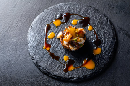 A gourmet dish features perfectly seared meat topped with fresh herbs, vibrant vegetables, and a rich sauce. The meal is plated artistically on a dark, textured plate, showing culinary skill.の素材
