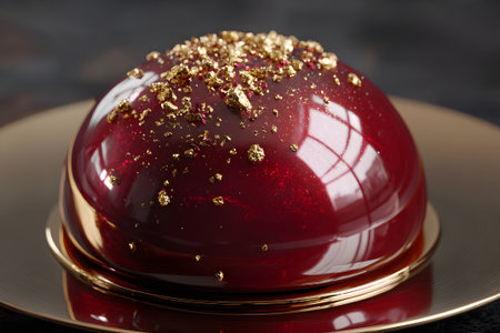 A beautifully crafted glossy red dessert is presented on a gold plate. The dessert is adorned with golden flakes and fresh berries, creating a striking visual appeal.の素材