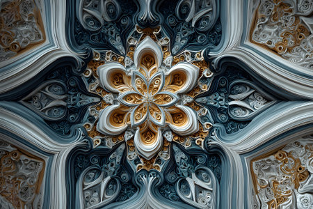 Ornate floral design featuring intricate patterns in blue and gold tonesの素材