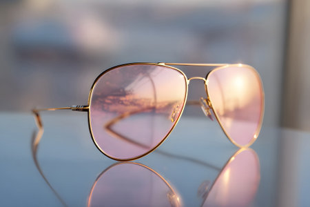 A pair of elegant sunglasses with gradient lenses and thin frames are placed on a reflective surface. The soft light creates beautiful reflections, enhancing their design.の素材