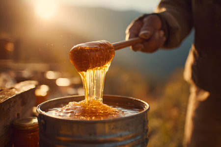 A person pours thick, golden honey from a wooden dipper into a jar while standing outdoors. The warm glow of sunset illuminates the scene, enhancing the natural beauty of the moment.の素材