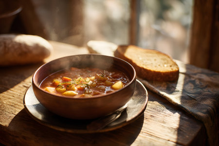 A bowl of steaming soup filled with vegetables sits on a wooden table beside a piece of crusty bread. Sunlight streams through a window, creating a warm atmosphere.の素材