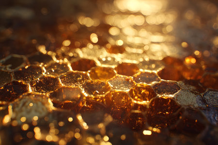Golden honeycomb pieces are displayed with glistening droplets surrounding them. Soft light enhances their rich texture and natural beauty, creating an inviting scene.の素材