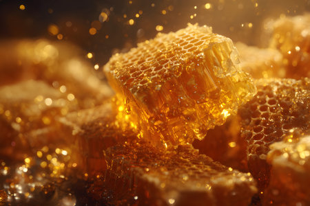 Golden honeycomb pieces are displayed with glistening droplets surrounding them. Soft light enhances their rich texture and natural beauty, creating an inviting scene.の素材