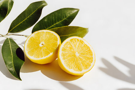 Bright yellow lemon slices rest on a white surface, their juicy interior exposed. Surrounding green leaves add a fresh touch to the scene, showing vivid colors and natural textures.の素材