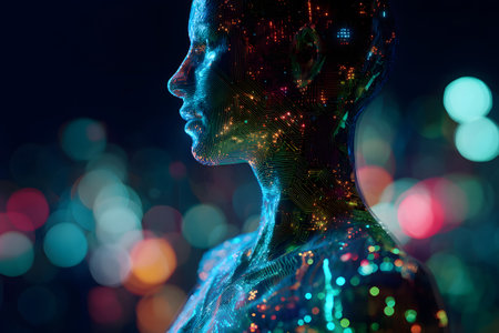 A digital figure filled with bright circuitry is shown in a thoughtful pose. The soft bokeh background features colorful lights, enhancing the futuristic feel. The scene combines technology and art.の素材