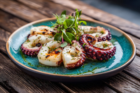 Grilled octopus sits on a rustic plate, garnished with fresh herbs and spices. The dish displays rich colors and textures, highlighting its appealing preparation.の素材