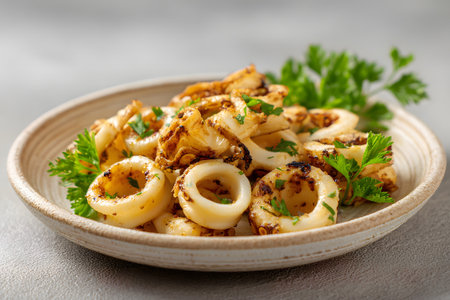 Tender calamari rings are grilled to golden perfection and garnished with fresh herbs. This dish is presented on a simple, rustic plate, showing its deliciousness.の素材