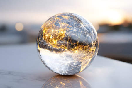 A transparent globe displays illuminated network connections across continents, showcasing a global digital landscape during sunset. The warm glow highlights interconnectedness.の素材