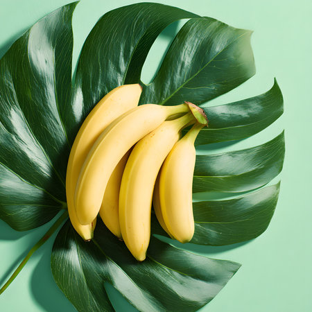 Three ripe yellow bananas are arranged on vibrant green tropical leaves. The soft green background complements the fresh fruit, creating a lively and inviting scene.の素材