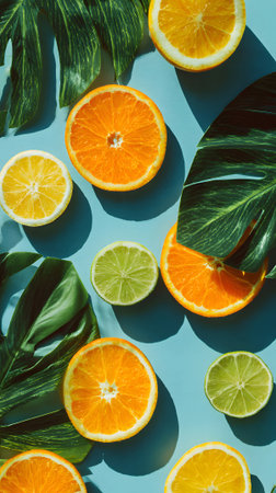 Bright orange, lemon, and lime slices are artfully placed among green leaves on a soft blue surface. This arrangement captures a fresh, cheerful summer vibe.の素材