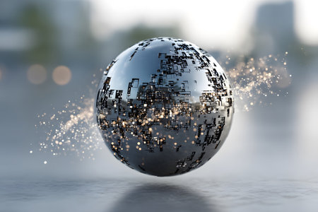 A reflective sphere floats above a surface, surrounded by shimmering particles. The soft glow illuminates nearby buildings as the sun sets, creating a surreal atmosphere.の素材