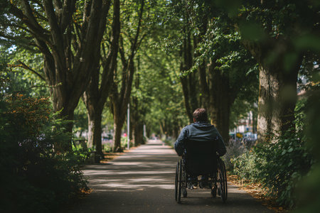 A person navigates a wheelchair along a smooth path in a park. Tall trees line the way, creating a peaceful atmosphere on a sunny afternoon. Others enjoy the outdoors in the background.の素材