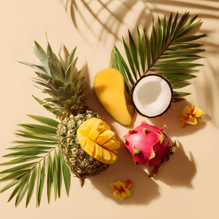 A colorful display of tropical fruits includes pineapples, mangoes, coconuts, and dragon fruit artfully arranged among palm leaves. This vibrant scene captures a sunny vibe and freshness.の素材