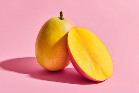 A ripe mango sits next to a sliced piece on a pink surface, showing the fruit's bright yellow flesh and smooth texture, complemented by green leaves below.の素材