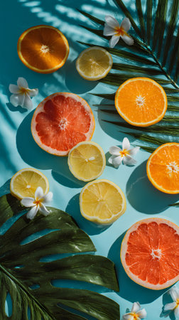Brightly colored citrus fruits, including oranges, lemons, and grapefruits, are arranged neatly on a light blue surface alongside green leaves and pretty flowers, creating a vibrant display.の素材