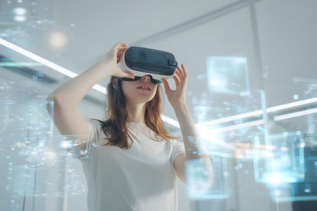 A young man is fully engaged in a virtual reality experience inside a bright, contemporary room. He reaches out as graphics and data appear in the air around him, showcasing technology.の素材