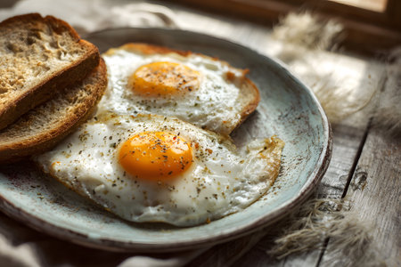 Two perfectly fried eggs with bright yolks sit on slices of toasted bread. The plate is placed on a wooden table near a window, creating a warm and inviting atmosphere.の素材