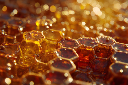 Golden honeycomb pieces are displayed with glistening droplets surrounding them. Soft light enhances their rich texture and natural beauty, creating an inviting scene.の素材