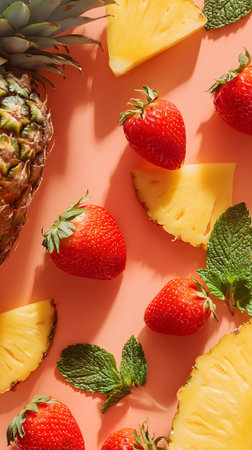 Bright strawberries and sliced pineapple are artistically arranged on a peach-colored surface, showing a vibrant and refreshing summer theme with mint leaves for added detail.の素材